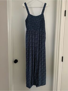 Blue floral smocked wide leg sleeveless jumpsuit 2xl